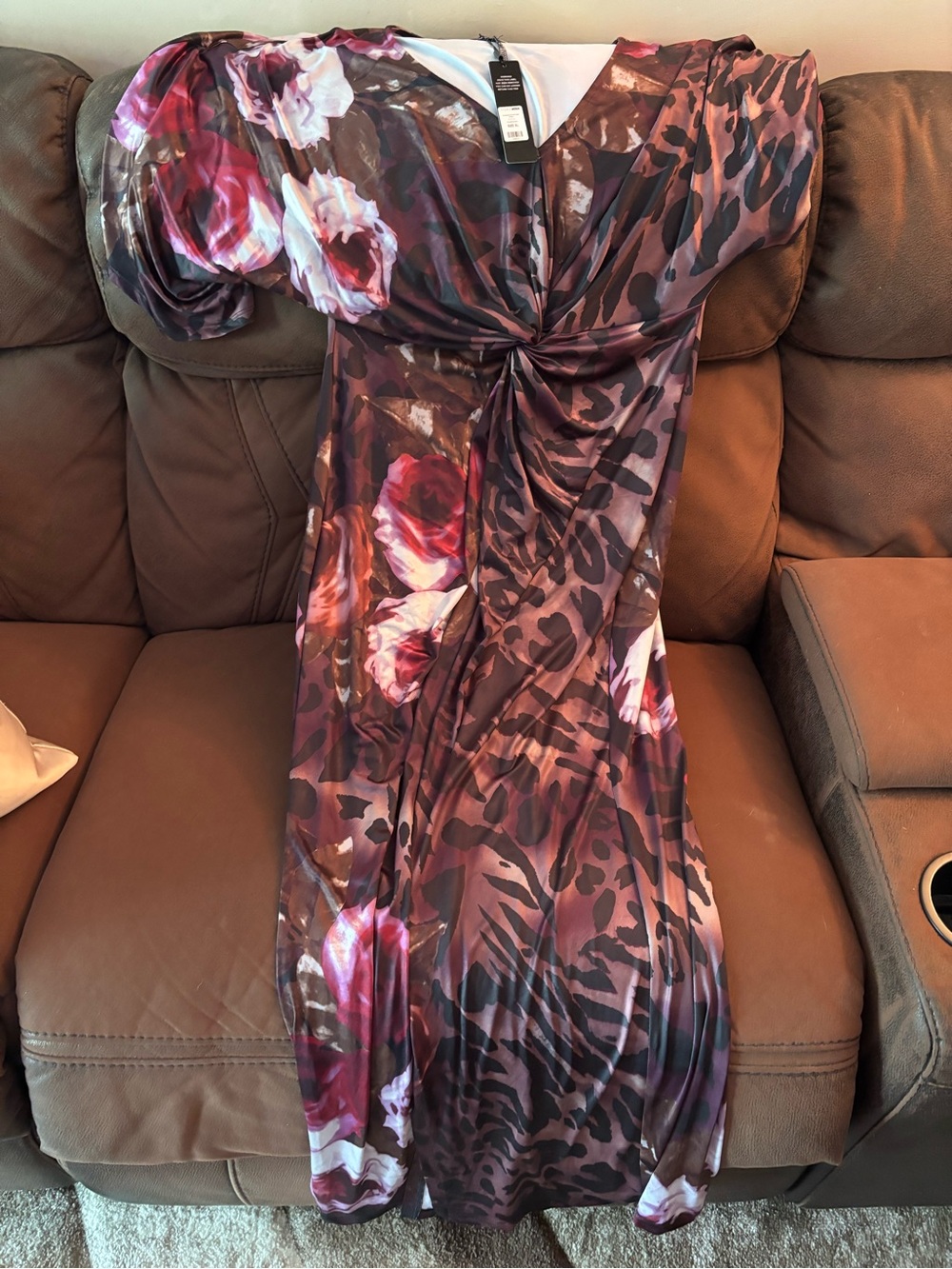 NWT!!!!! Fashion Nova Burgundy Floral & Animal Print Twist Front Dress